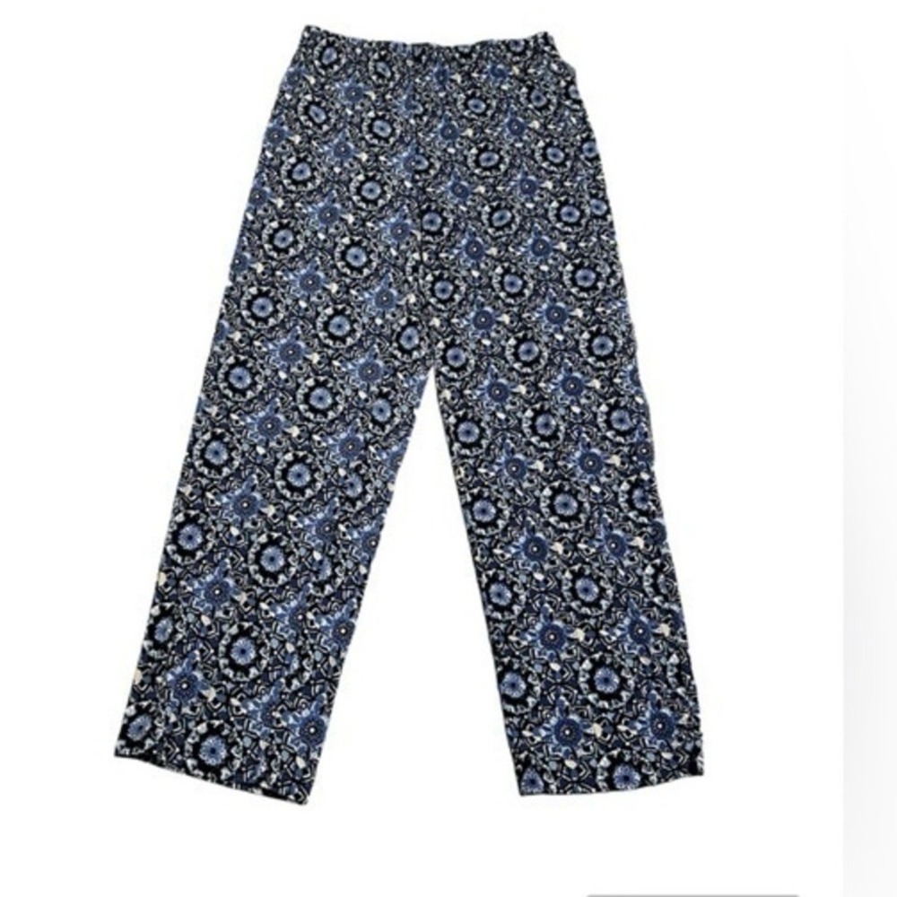 Chicos Easywear Blue Medallion Wide Leg Pants Elastic Waist No Iron Reg sz 8